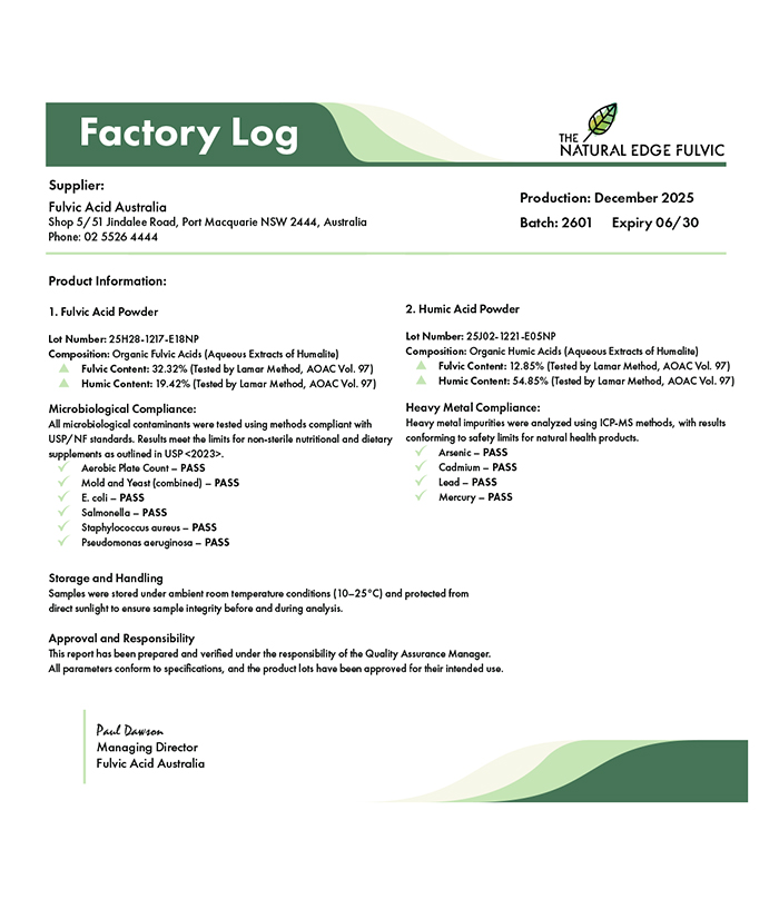 Fulvic Acid Australia 300ml 2 pack factory log showing batch 2601 compliance results.