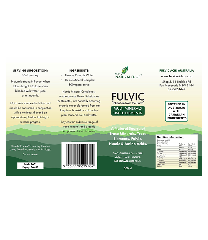Fulvic Acid Australia 300ml liquid packaging showing all four sides including front, back and side panels.