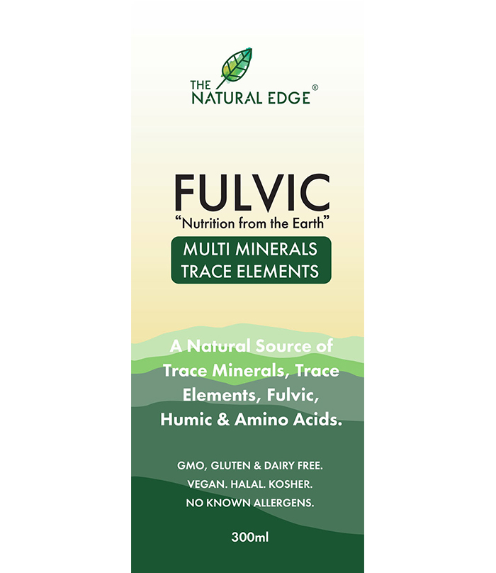 Fulvic Acid Australia 300ml liquid supplement front label with multi minerals and trace elements.