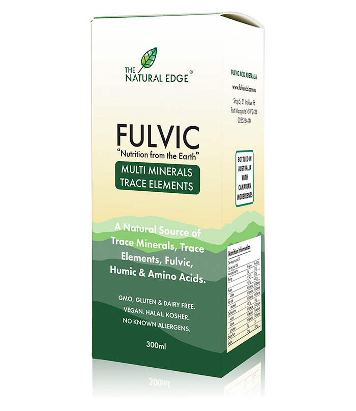 Fulvic Acid Australia 300ml liquid supplement retail box front view.