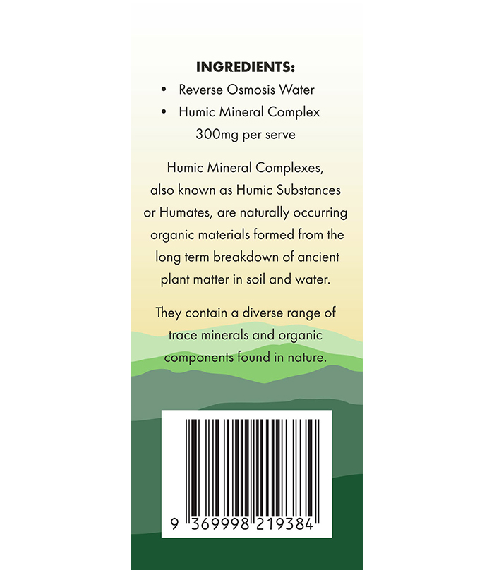 Fulvic Acid Australia ingredients panel showing humic mineral complex and reverse osmosis water.