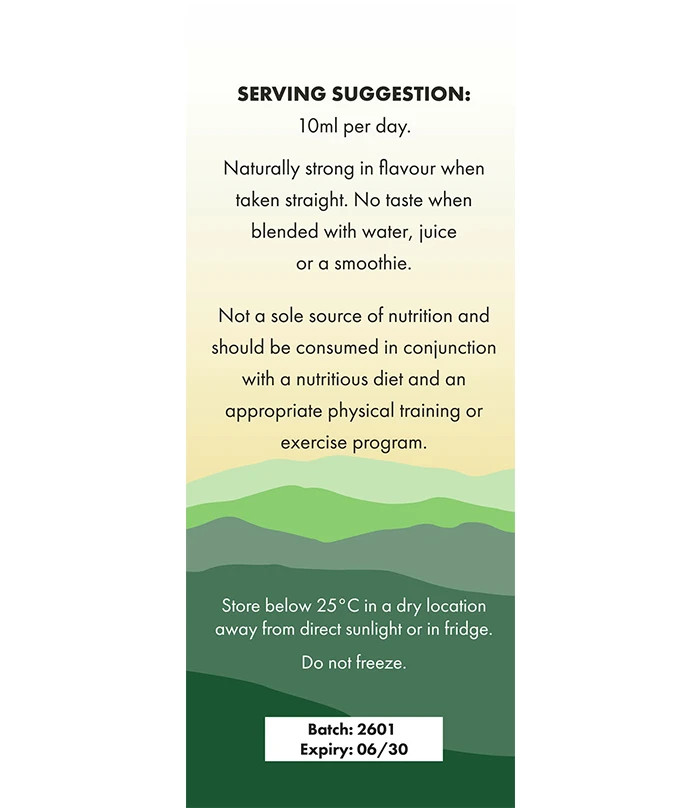 Fulvic Multi Minerals 300ml serving suggestion panel showing 10ml per day and storage details