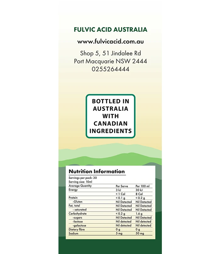 Close-up of 300ml Fulvic Multi Minerals box showing Australian company details and nutrition information panel