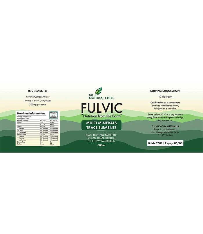 Full wrap label for 300ml Fulvic Multi Minerals liquid showing ingredients, nutrition panel and serving suggestion