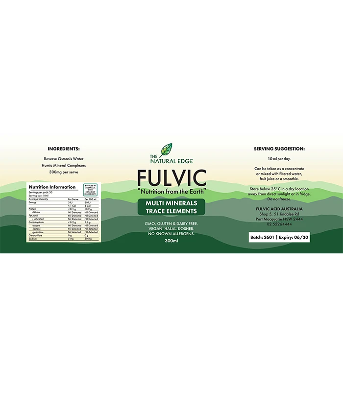 300ml Fulvic Multi Minerals liquid supplement label showing ingredients and serving suggestion