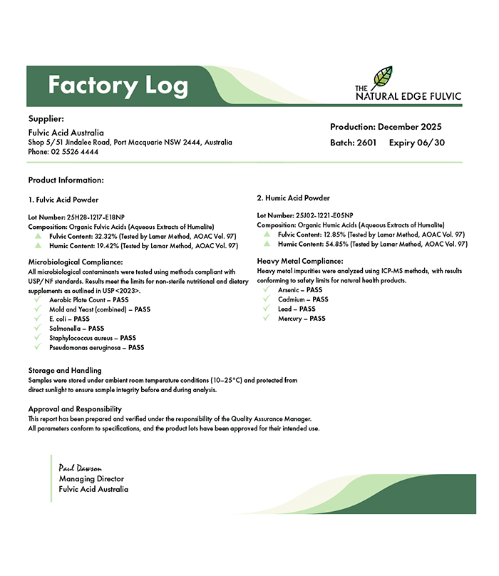 Fulvic Acid Australia factory log showing batch details and heavy metal testing results