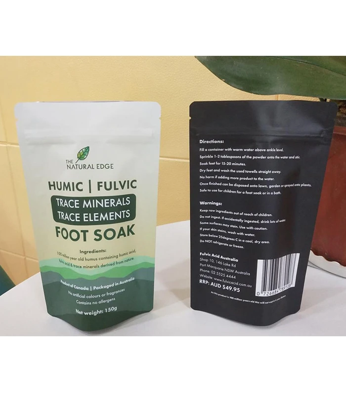 Front and back packaging of The Natural Edge Humic Fulvic Trace Minerals Foot Soak 150g pouch
